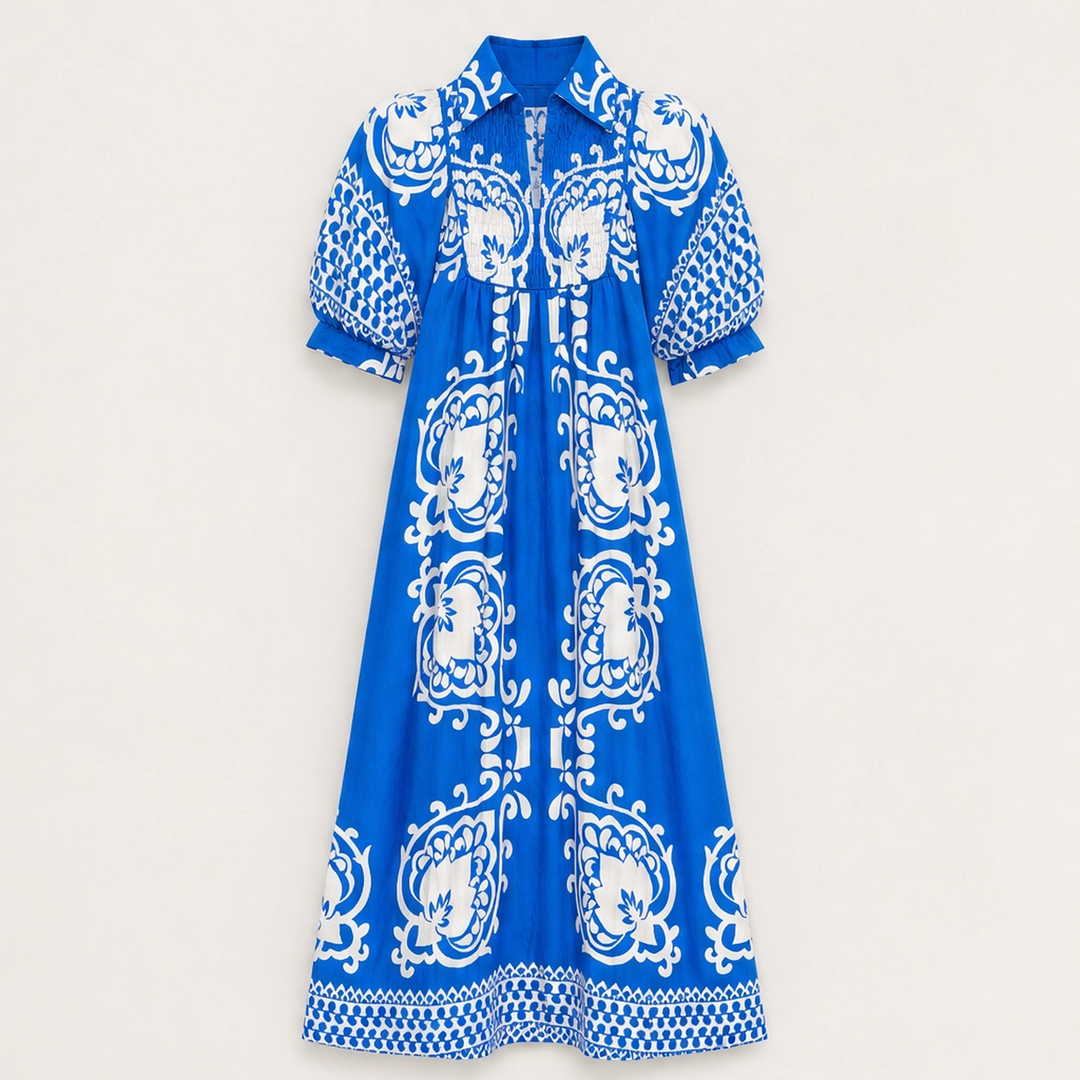 Marisol – Baroque Print Puff Sleeve Flowy Midi Dress + 50% OFF
