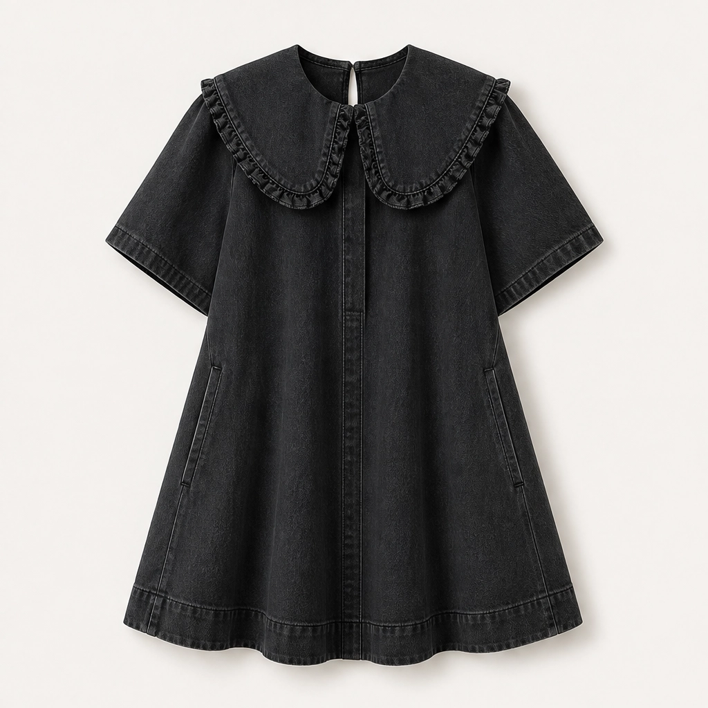 Fleurette – Ruffled Peter Pan Collar Flowy Denim Babydoll Mini Dress + 50% OFF