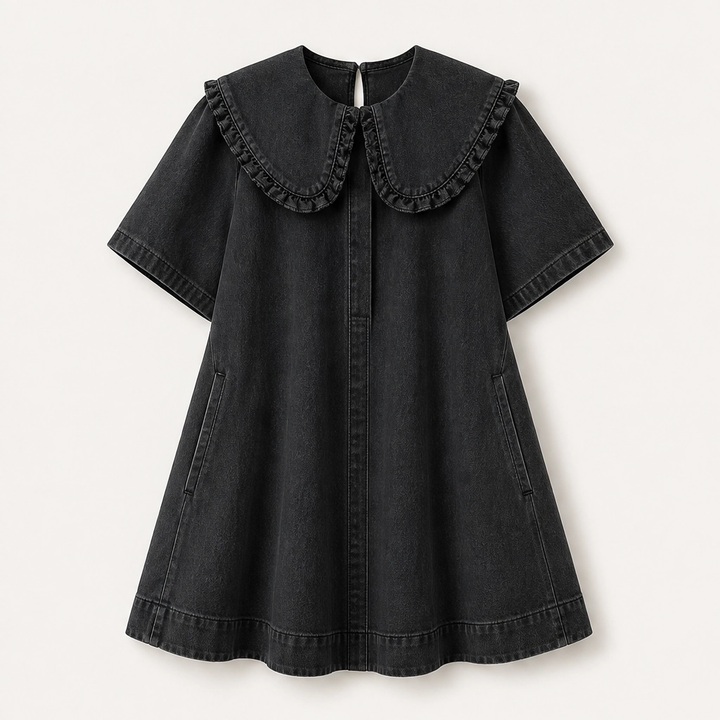 Fleurette – Ruffled Peter Pan Collar Flowy Denim Babydoll Mini Dress + 50% OFF