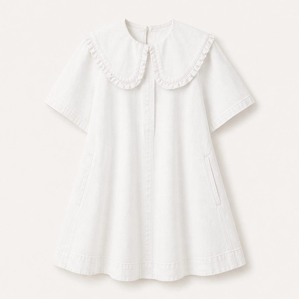 Fleurette – Ruffled Peter Pan Collar Flowy Denim Babydoll Mini Dress + 50% OFF