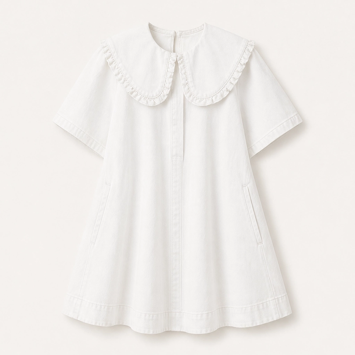 Fleurette – Ruffled Peter Pan Collar Flowy Denim Babydoll Mini Dress + 50% OFF