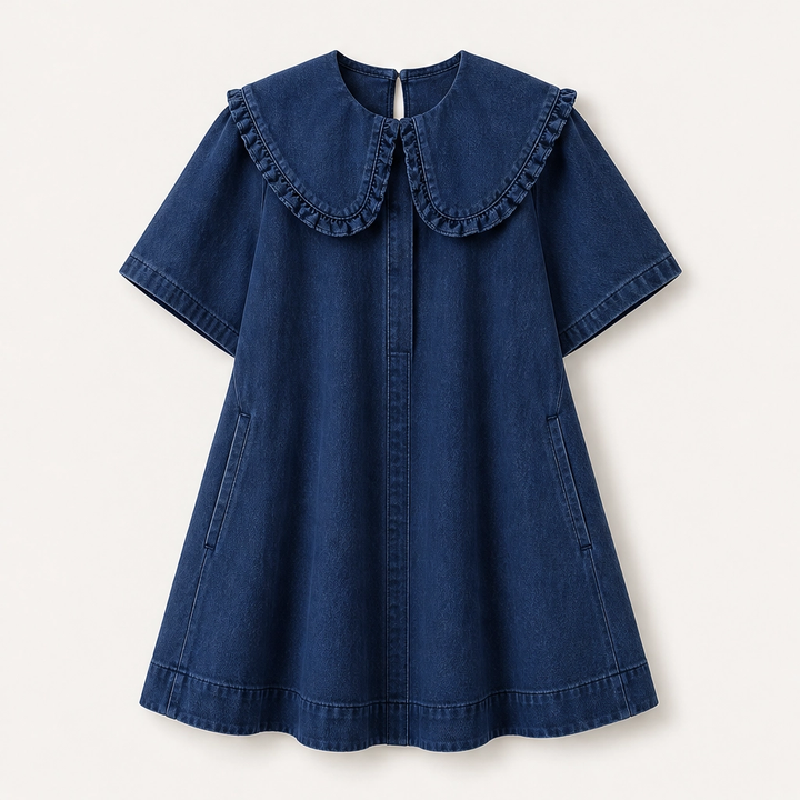 Fleurette – Ruffled Peter Pan Collar Flowy Denim Babydoll Mini Dress + 50% OFF