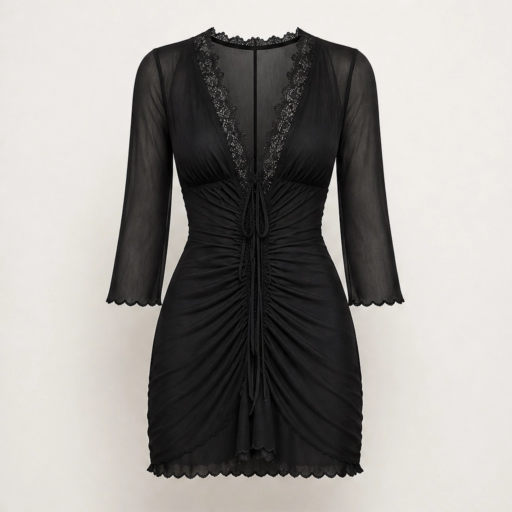 Ruchelle – Lace-Trim Drawstring Mesh Mini Dress + 50% OFF