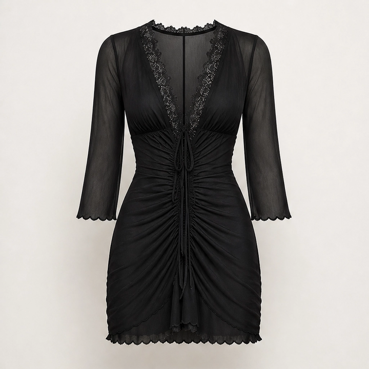 Ruchelle – Lace-Trim Drawstring Mesh Mini Dress + 50% OFF