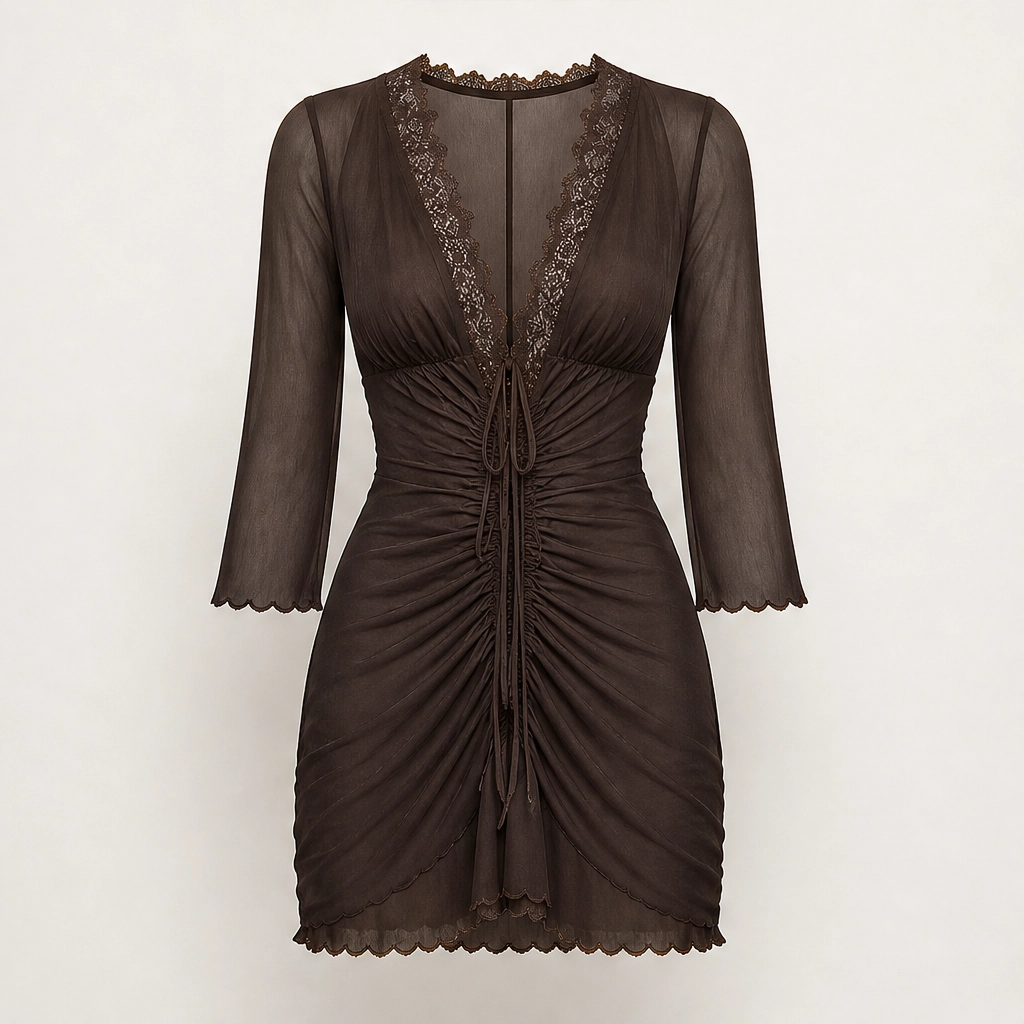 Ruchelle – Lace-Trim Drawstring Mesh Mini Dress + 50% OFF