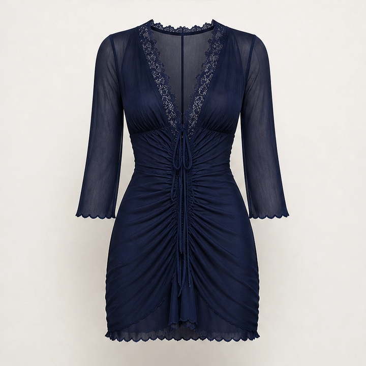 Ruchelle – Lace-Trim Drawstring Mesh Mini Dress + 50% OFF