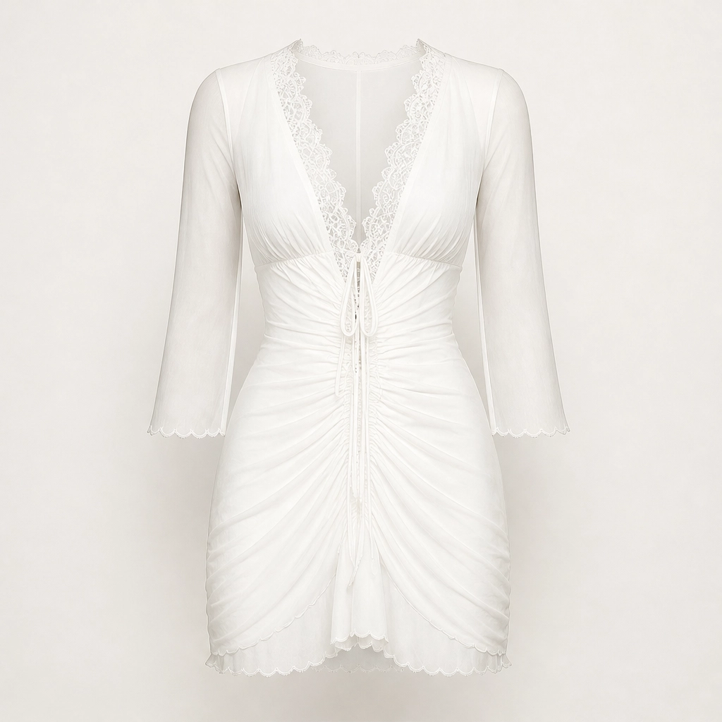 Ruchelle – Lace-Trim Drawstring Mesh Mini Dress + 50% OFF