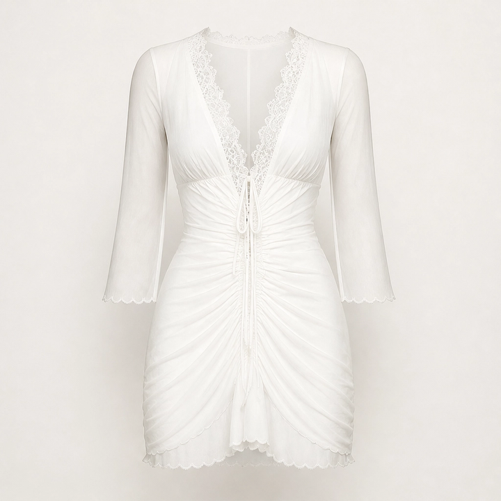 Ruchelle – Lace-Trim Drawstring Mesh Mini Dress + 50% OFF