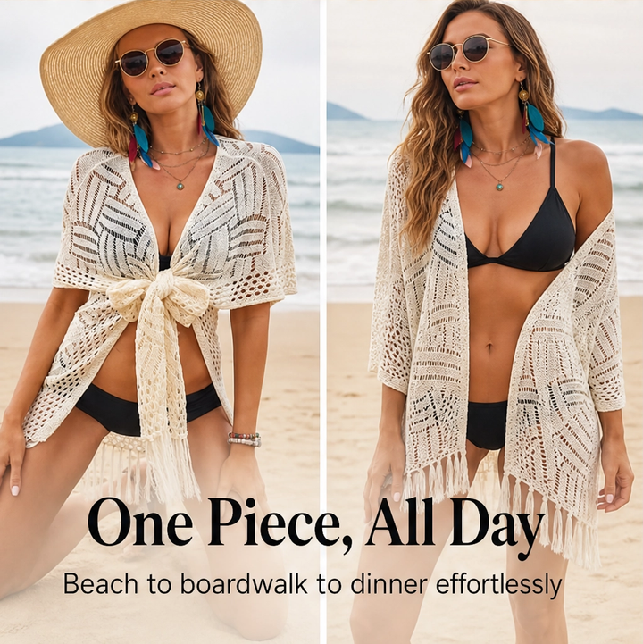 Solaire – Lightweight Crochet Kimono Cover-Up with Tassels + 50% OFF