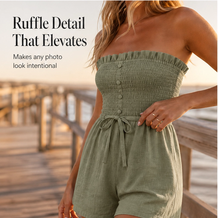 Solene – Strapless Shirred Ruffle Wide-Leg Romper + 50% OFF