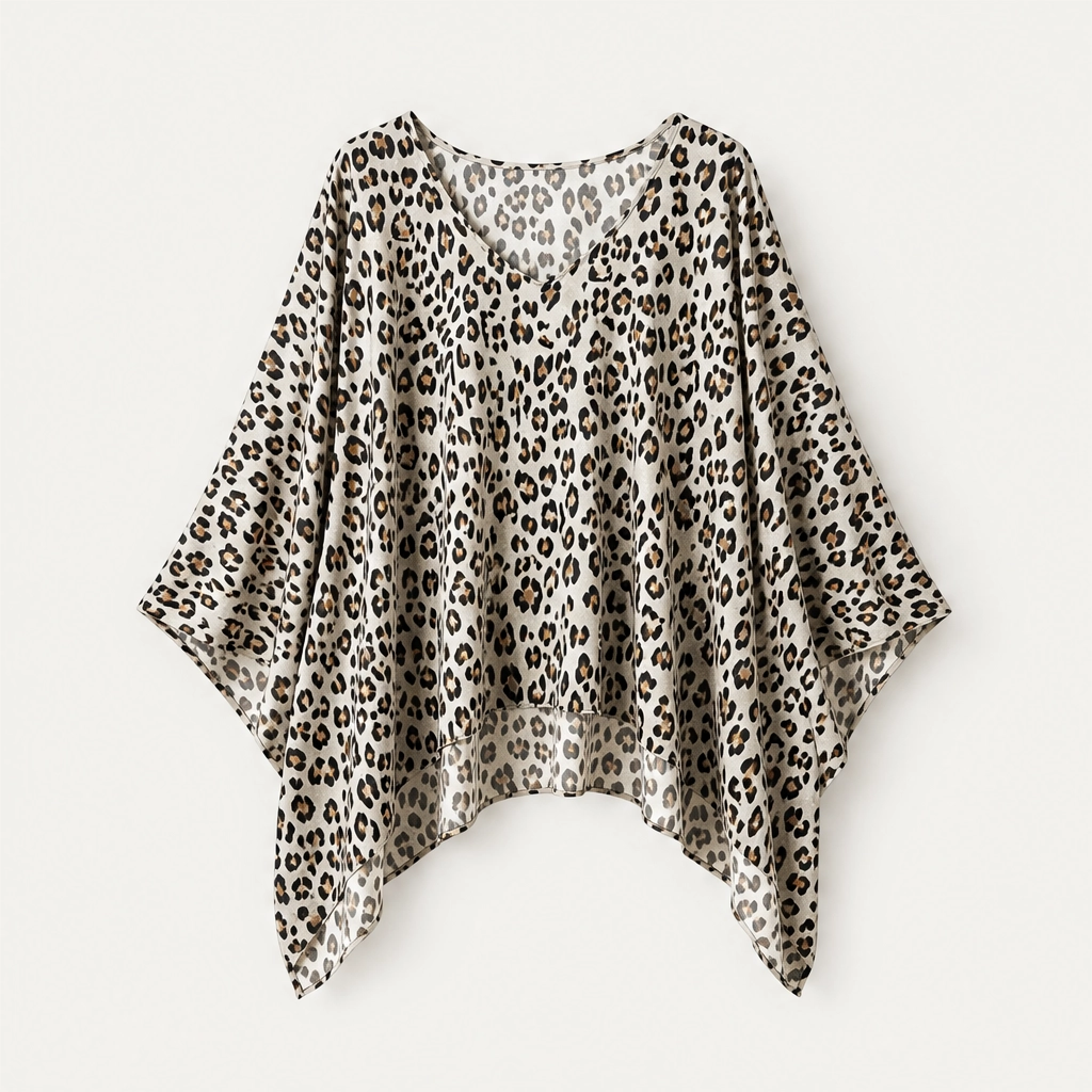 Rivena – Leopard-Print Batwing Top with Asymmetrical Hem + 50% OFF