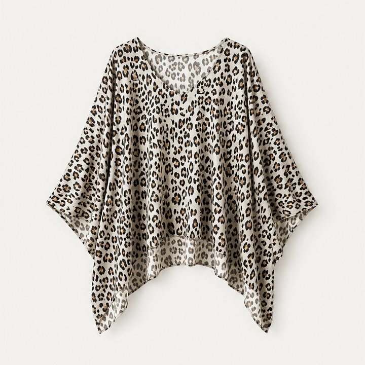 Rivena – Leopard-Print Batwing Top with Asymmetrical Hem + 50% OFF