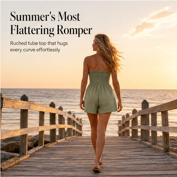 Solene – Strapless Shirred Ruffle Wide-Leg Romper + 50% OFF