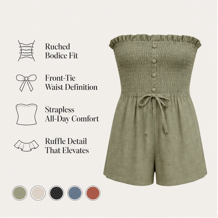 Solene – Strapless Shirred Ruffle Wide-Leg Romper + 50% OFF