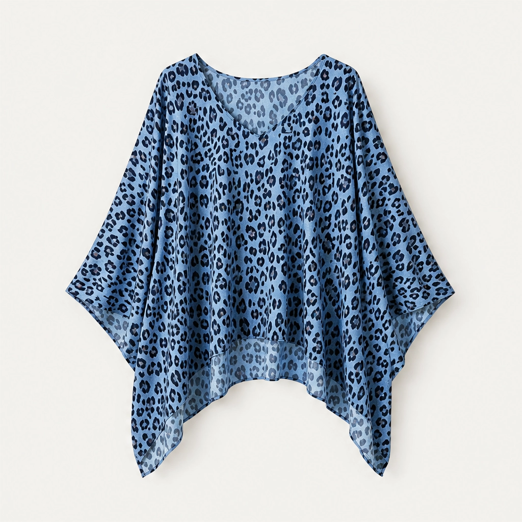 Rivena – Leopard-Print Batwing Top with Asymmetrical Hem + 50% OFF