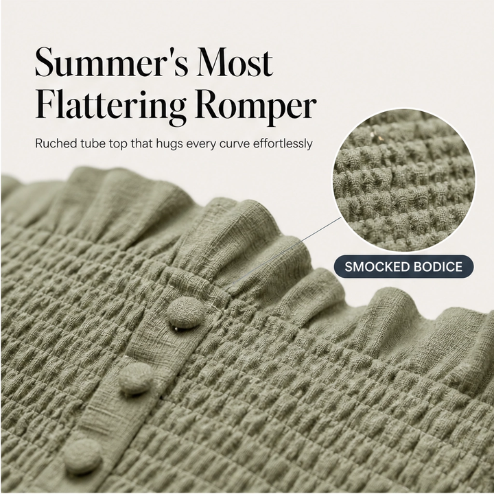 Solene – Strapless Shirred Ruffle Wide-Leg Romper + 50% OFF