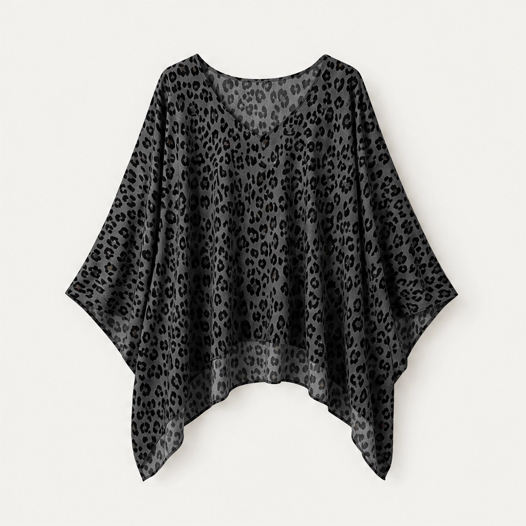 Rivena – Leopard-Print Batwing Top with Asymmetrical Hem + 50% OFF
