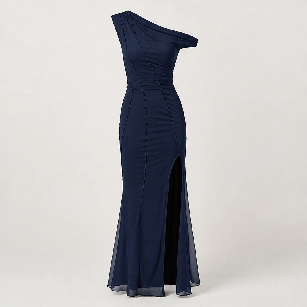 Noirelle – One-Shoulder Mesh Maxi Dress with Front &amp; Side Slit + 50% OFF