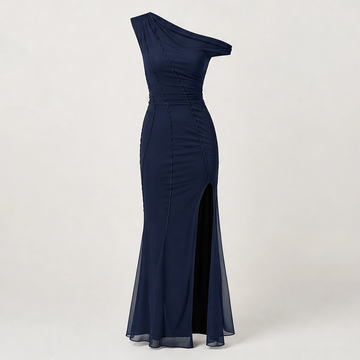 Noirelle – One-Shoulder Mesh Maxi Dress with Front &amp; Side Slit + 50% OFF
