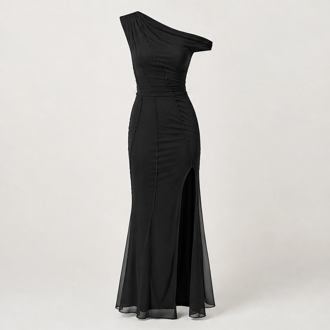 Noirelle – One-Shoulder Mesh Maxi Dress with Front &amp; Side Slit + 50% OFF