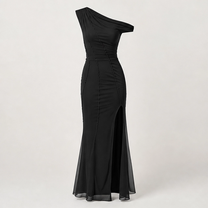 Noirelle – One-Shoulder Mesh Maxi Dress with Front &amp; Side Slit + 50% OFF
