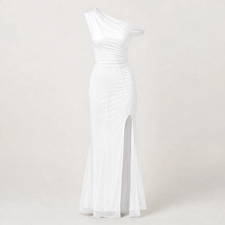 Noirelle – One-Shoulder Mesh Maxi Dress with Front &amp; Side Slit + 50% OFF