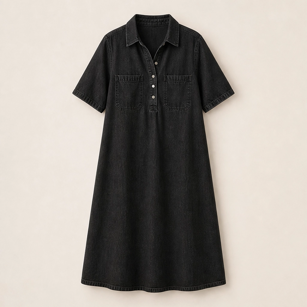 Wrenley – Soft Real-Denim V-Neck Midi Shirt Dress with Pockets + 50% OFF