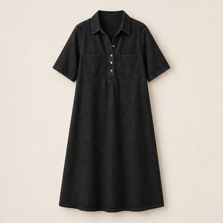 Wrenley – Soft Real-Denim V-Neck Midi Shirt Dress with Pockets + 50% OFF