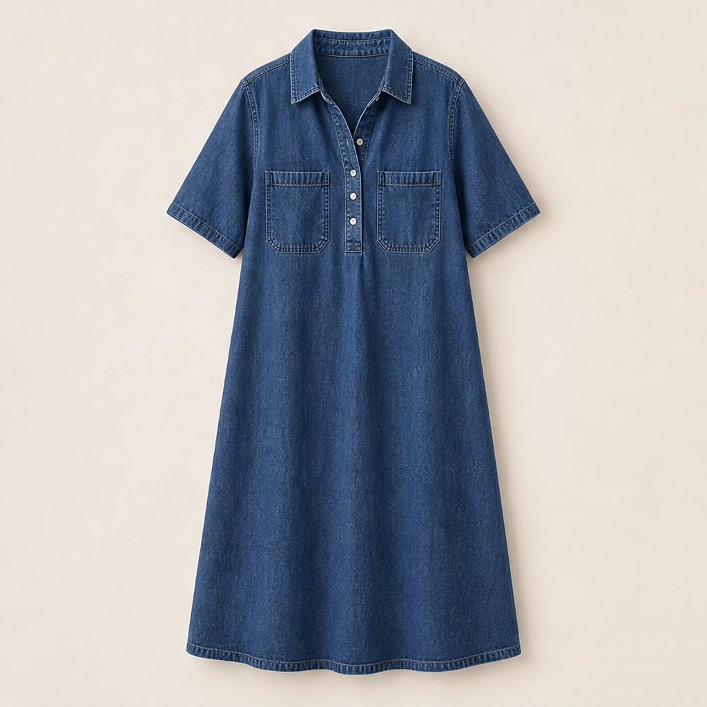 Wrenley – Soft Real-Denim V-Neck Midi Shirt Dress with Pockets + 50% OFF