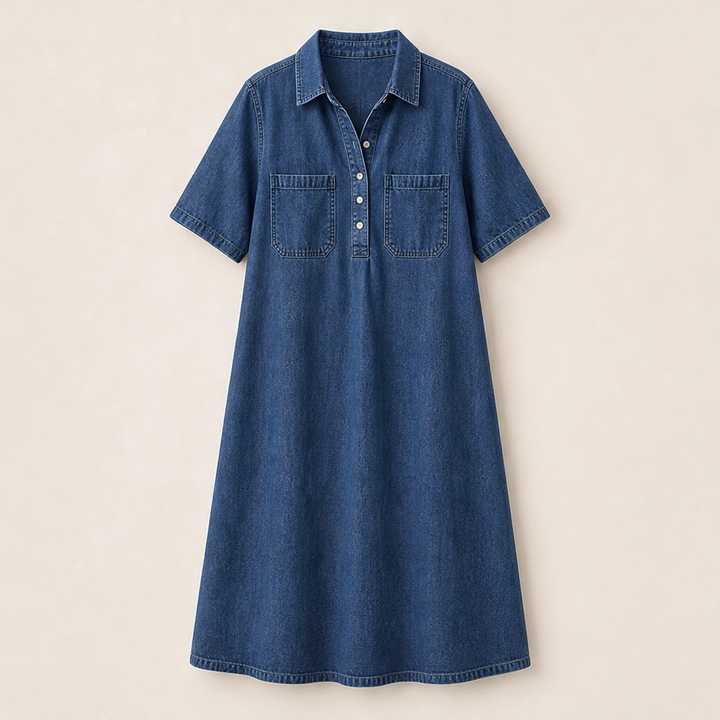 Wrenley – Soft Real-Denim V-Neck Midi Shirt Dress with Pockets + 50% OFF