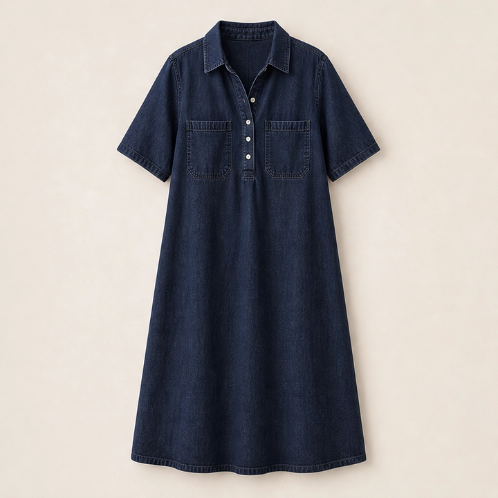 Wrenley – Soft Real-Denim V-Neck Midi Shirt Dress with Pockets + 50% OFF