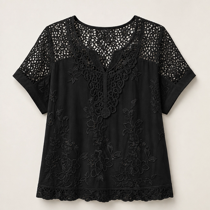 Lacewillow – Embroidered Lace V-Neck Blouse with Relaxed Fit + 50% OFF