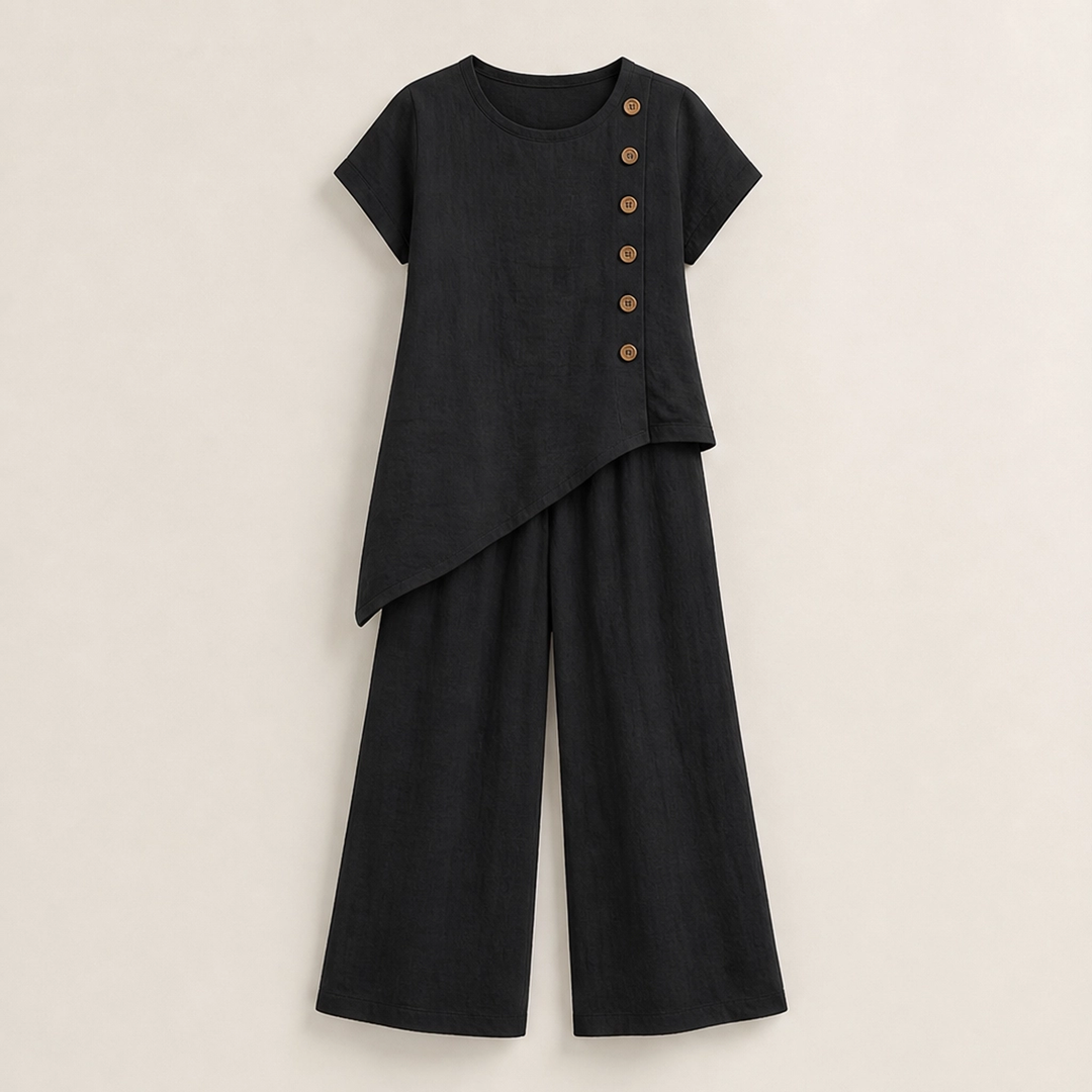 Cassia – Asymmetric Button Top &amp; Wide-Leg Pants Set + 50% OFF