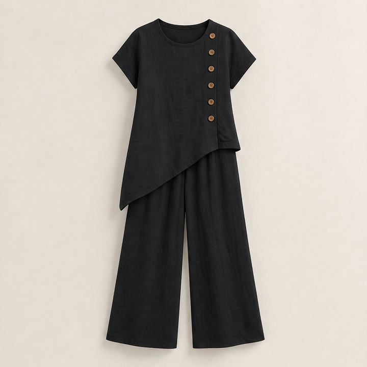 Cassia – Asymmetric Button Top &amp; Wide-Leg Pants Set + 50% OFF