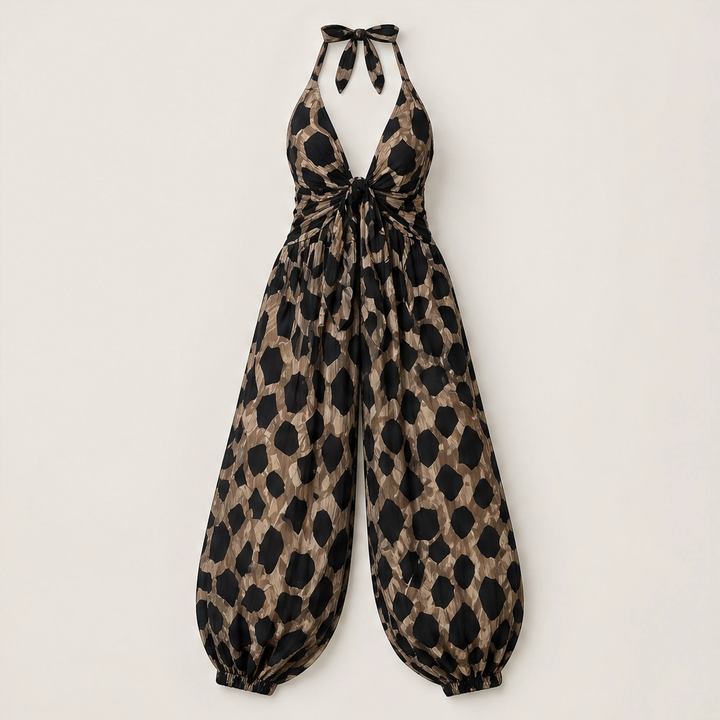 Savanne – Animal Print Tie-Front Chiffon Wide-Leg Jumpsuit + 50% OFF