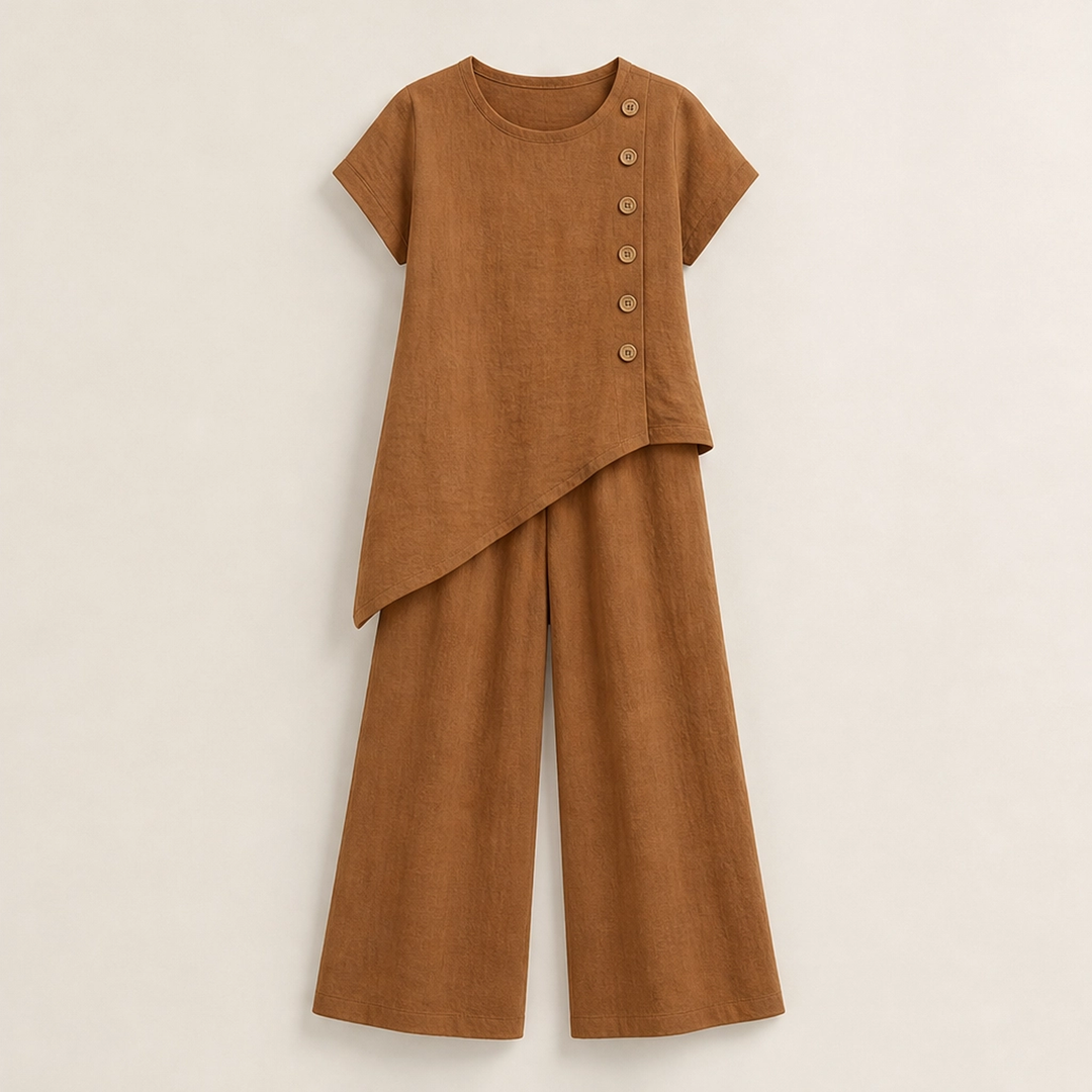 Cassia – Asymmetric Button Top &amp; Wide-Leg Pants Set + 50% OFF