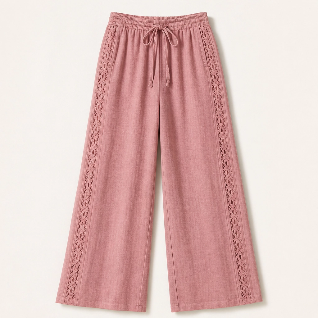 Crochelle – Crochet Trim Breathable Drawstring Straight Leg Pants + 50% OFF