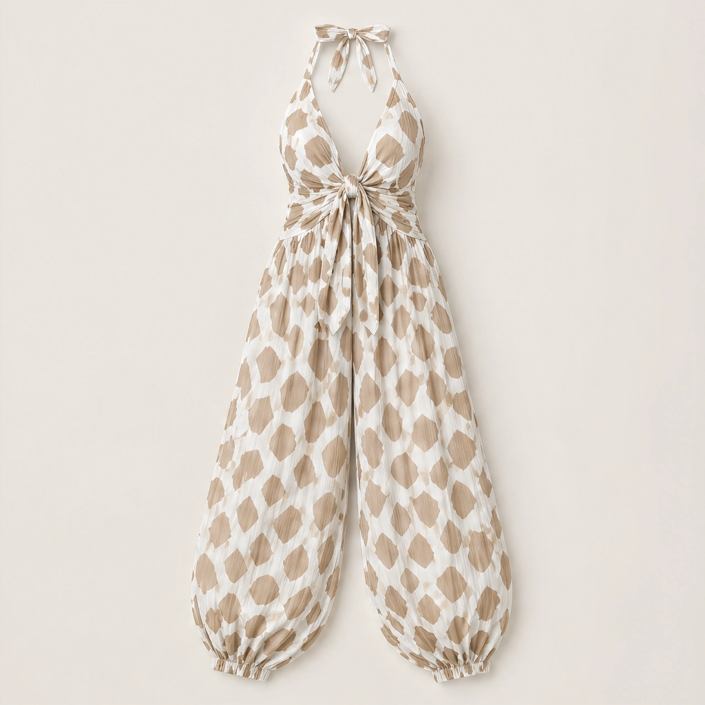 Savanne – Animal Print Tie-Front Chiffon Wide-Leg Jumpsuit + 50% OFF