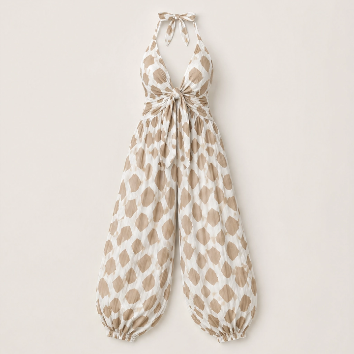 Savanne – Animal Print Tie-Front Chiffon Wide-Leg Jumpsuit + 50% OFF