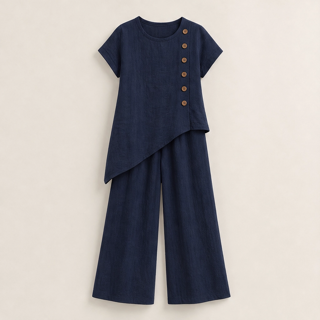 Cassia – Asymmetric Button Top &amp; Wide-Leg Pants Set + 50% OFF