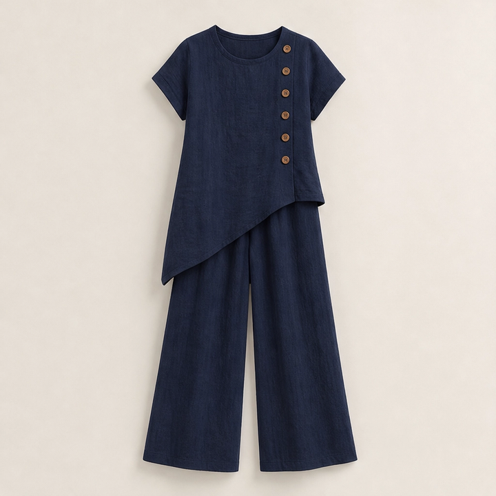 Cassia – Asymmetric Button Top &amp; Wide-Leg Pants Set + 50% OFF