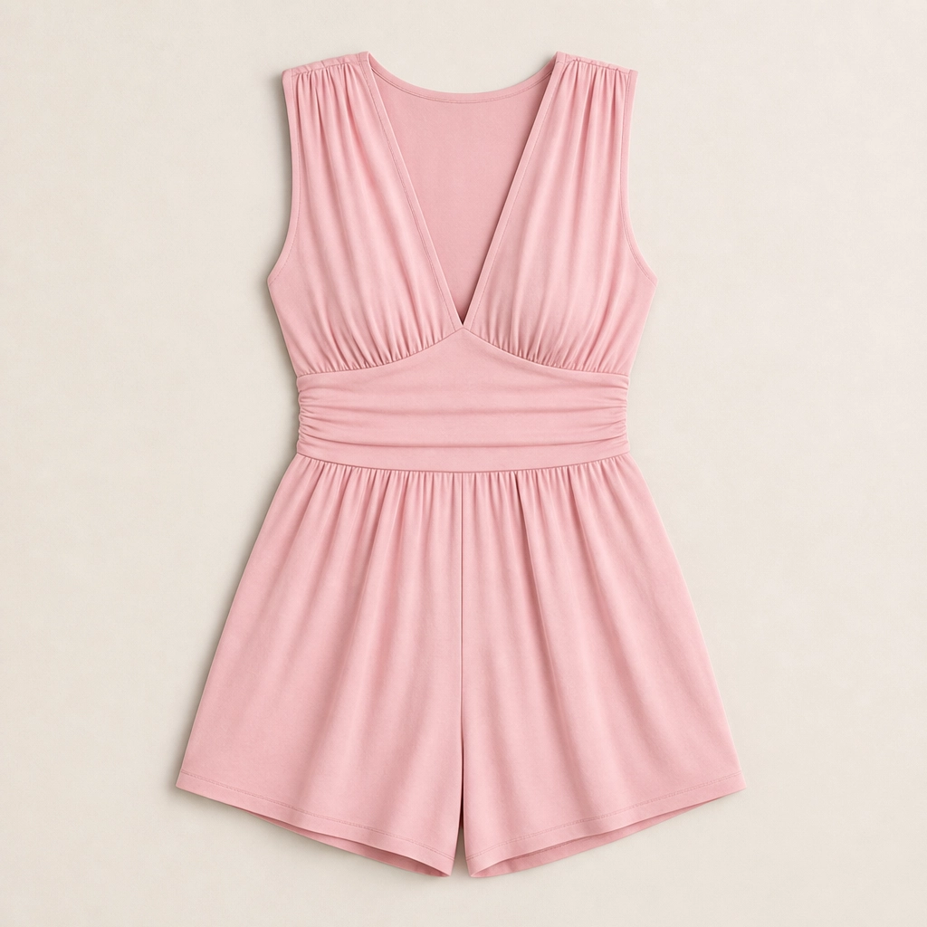 Pleatelle – V-Neck Pleated Waist Flowy Romper with Pockets + 50% OFF
