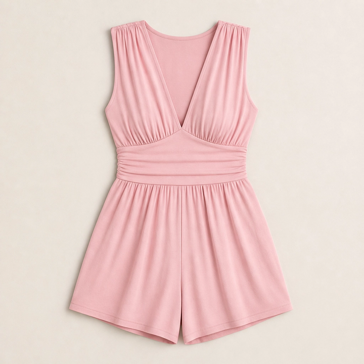 Pleatelle – V-Neck Pleated Waist Flowy Romper with Pockets + 50% OFF