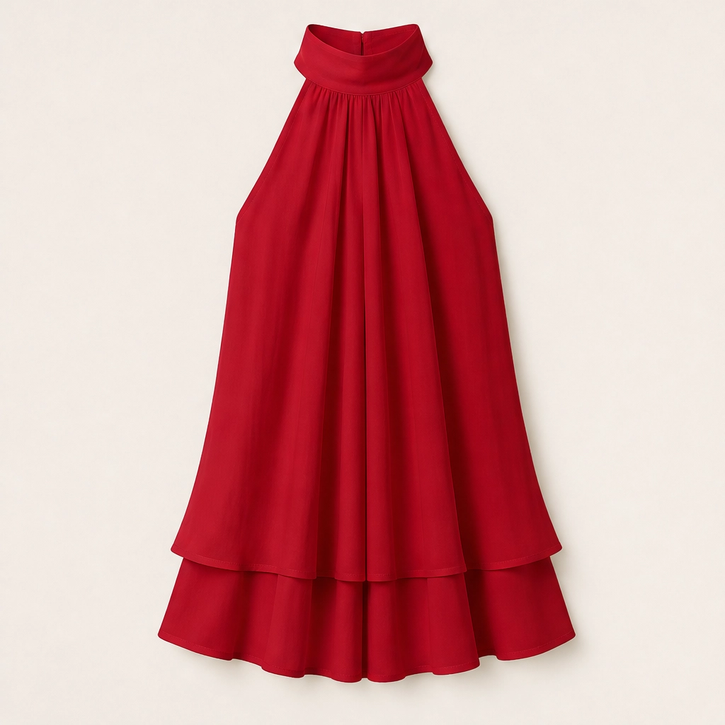 Solenne – Flowy Layered Halter Mini Dress with Open Back + 50% OFF