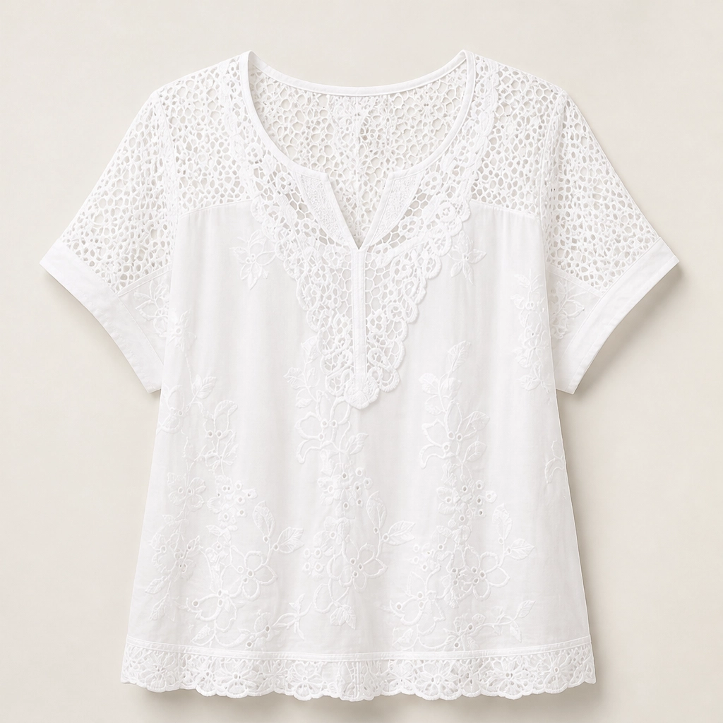 Lacewillow – Embroidered Lace V-Neck Blouse with Relaxed Fit + 50% OFF