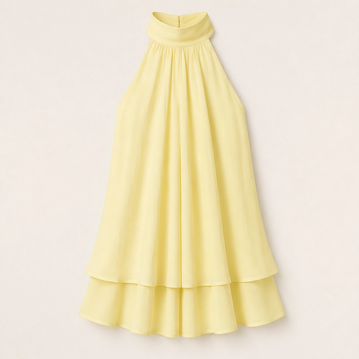 Solenne – Flowy Layered Halter Mini Dress with Open Back + 50% OFF