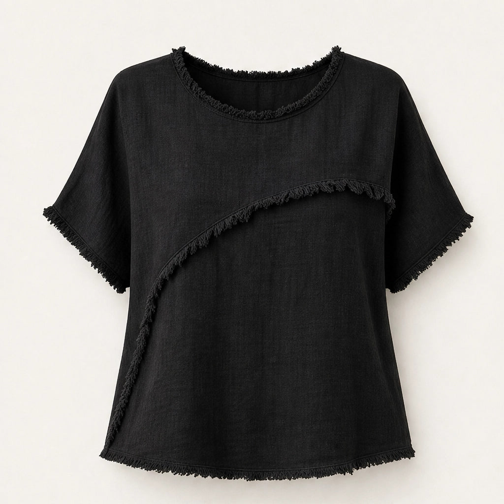Frayla – Raw Edge Relaxed Fit Round Neck Summer Top + 50% OFF