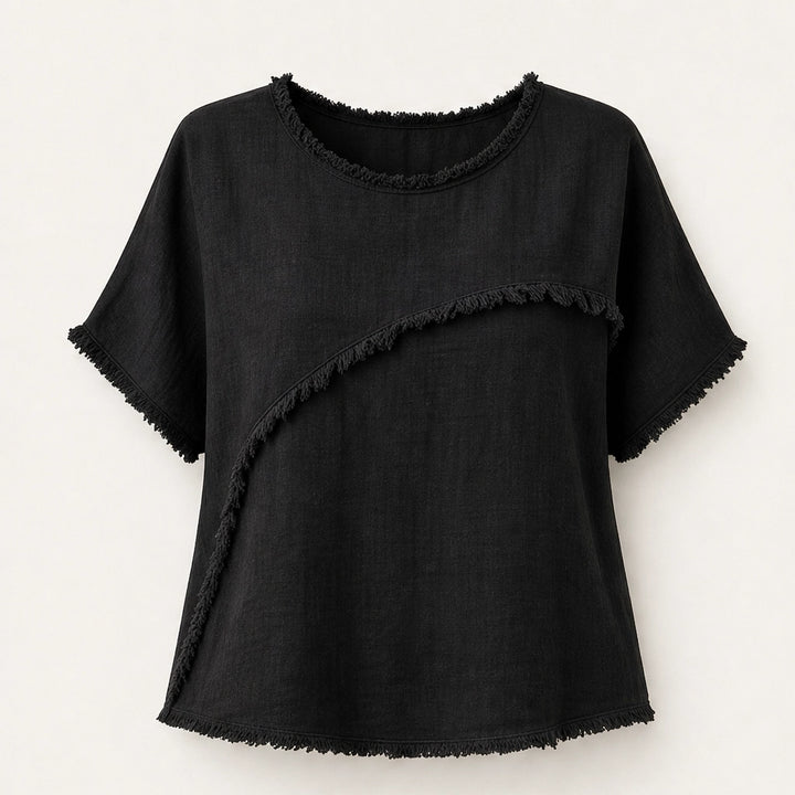 Frayla – Raw Edge Relaxed Fit Round Neck Summer Top + 50% OFF