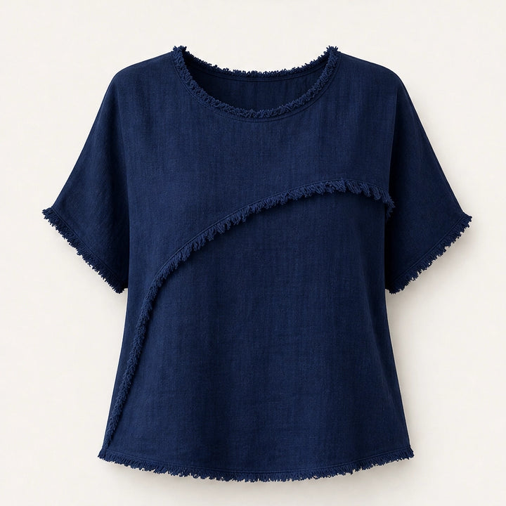 Frayla – Raw Edge Relaxed Fit Round Neck Summer Top + 50% OFF