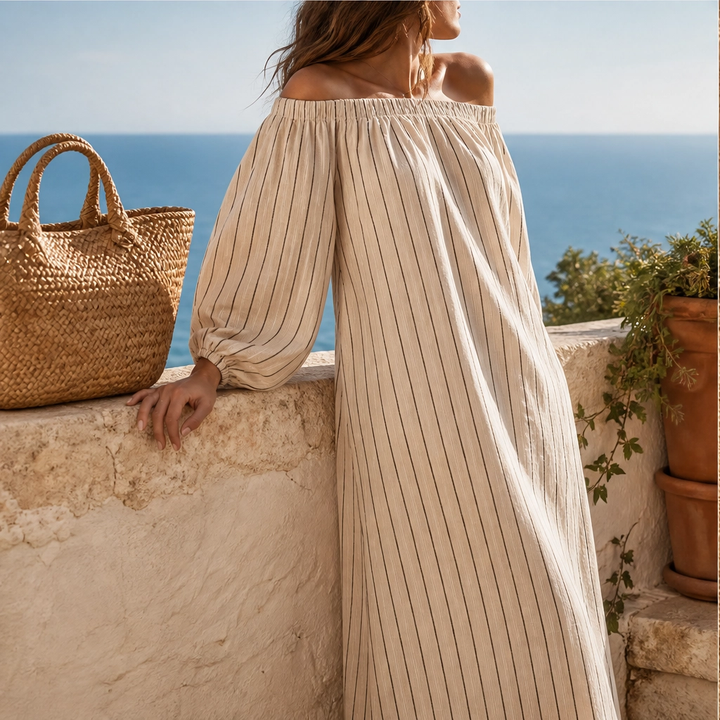 Marisol – Off-Shoulder Lantern-Sleeve Striped Maxi Dress with Pockets + 50% OFF